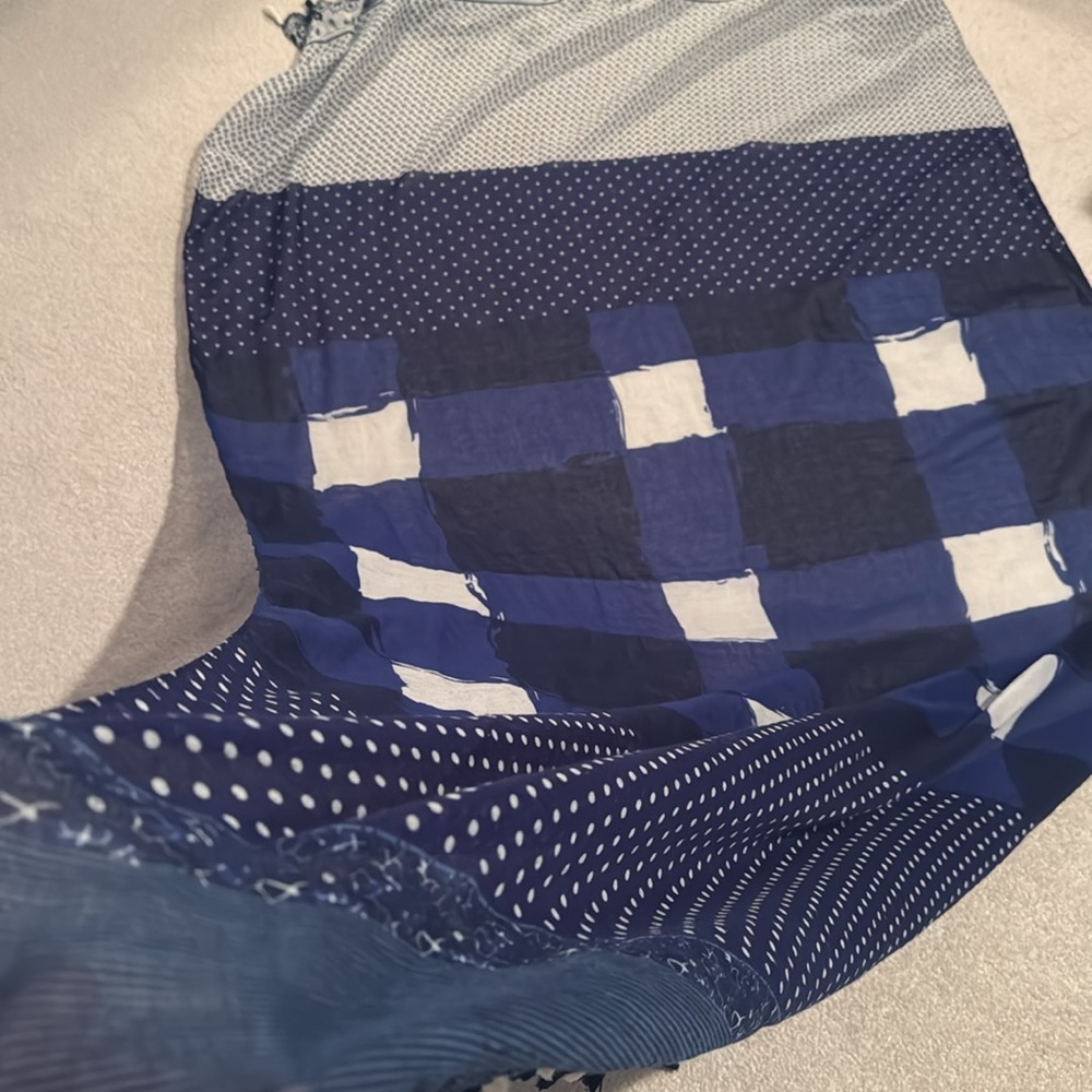Blue sheer cotton patterned long scarf